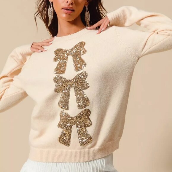 SO ME Sequins Bow Ribbon Embellished Christmas Sweater - Picture 2 of 8